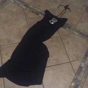 Long black halter dress.